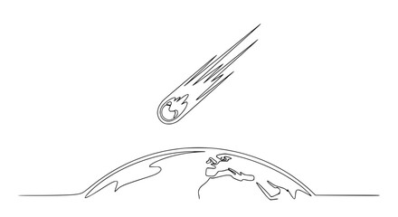 Meteorite approaching Earth, minimalist line art illustration of cosmic impact © Akun