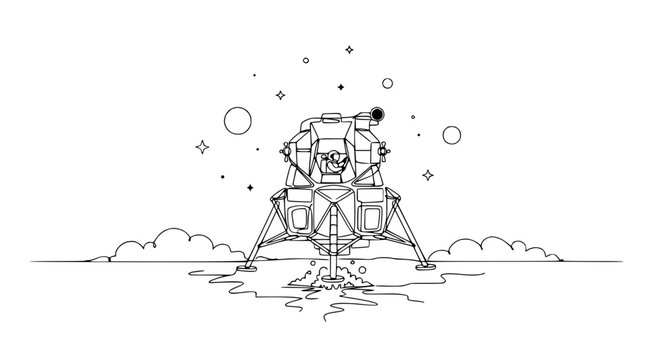 Lunar Lander on Moon Surface, Space Exploration, Astronaut, Stars, Outline Drawing