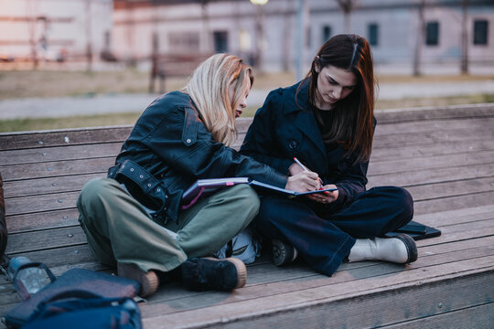Two high school students sit on a wooden bench studying and writing in notebooks. The pair collaborate outdoors, sharing notes and working on schoolwork together.