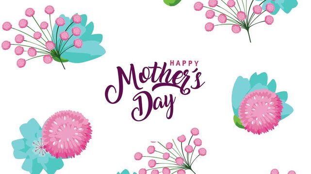 Happy mothers day lettering with blooming flowers animation and soft background motion.