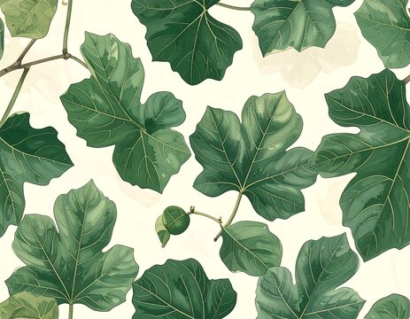 Green Tropical Fig Leaves Arranged on Soft Cream Botanical Background