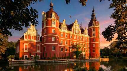 Grand red castle with ornate towers reflected in still water at sunset © erna