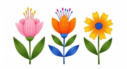 Fototapeta premium Colorful cartoon flowers with green leaves
