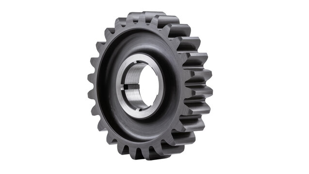 Silver metallic gear wheel with central bore and sharp teeth