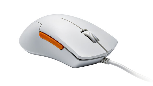 Modern white computer mouse with orange scroll wheel and cable
