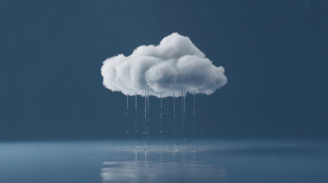 White cloud raining over a reflective water surface on a blue background
