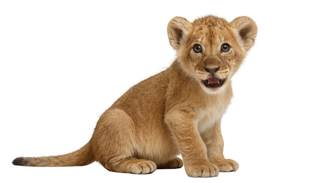 Fluffy young lion cub sitting with playful expression