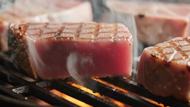 Fresh tuna steaks searing on a hot outdoor grill with smoke.