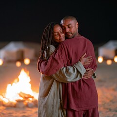 Obraz premium Couple hugging closely beside bonfire at night campsite