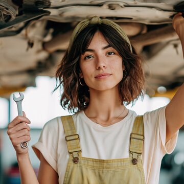 Woman holding wrench under car in automotive repair garage