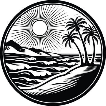 Tropical beach scene, black and white vector, palm trees, sunny landscape, circular icon