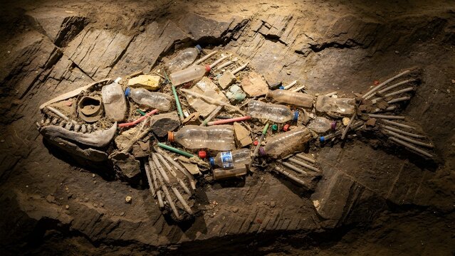 Close Up Photography of an Archeological Fish Fossil Filled with Plastic Waste and Microplastics Representing Future Pollution, Environmental Crisis, and Anthropocene Era