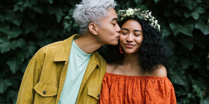 Young couple kissing and smiling in ivy covered garden