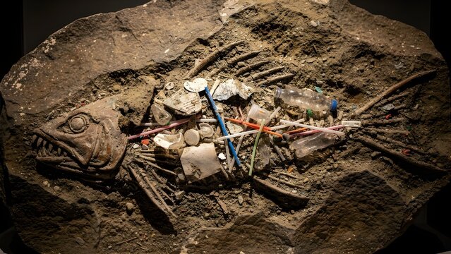 Close Up Photography of an Archeological Fish Fossil Filled with Plastic Waste and Microplastics Representing Future Pollution, Environmental Crisis, and Anthropocene Era