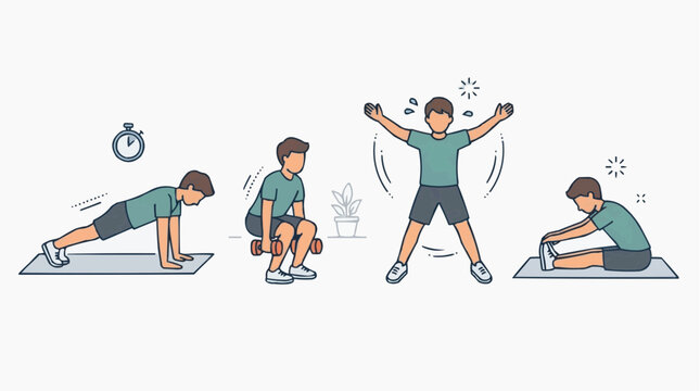 Young man performing different physical exercises including planking and dumbbell squats for fitness and healthy lifestyle with exercise, training