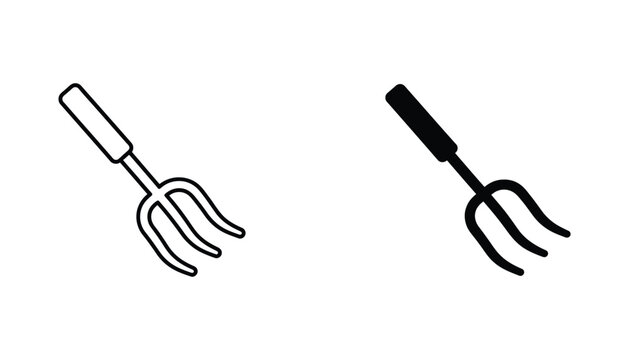 Garden pitchfork tool icon set in minimalist black and white line art and solid silhouette style for agriculture and landscaping projects