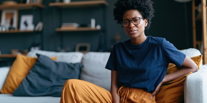 Woman sitting with hand on hip on living room sofa