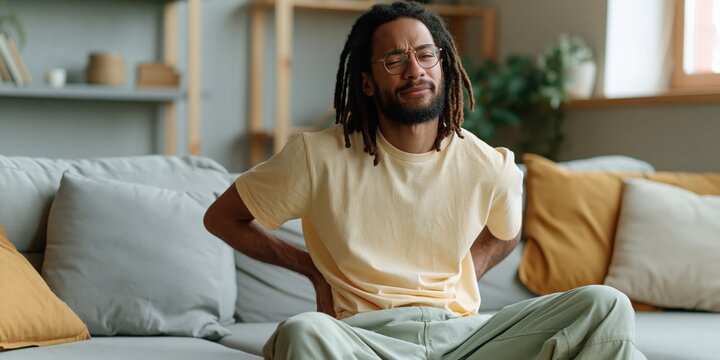 Man sitting upright with hands on back in living room