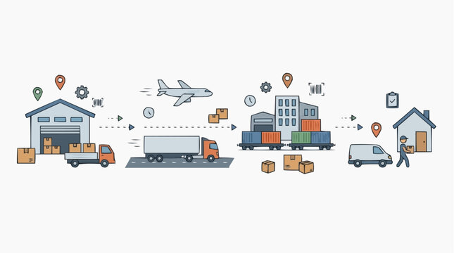 Supply chain process flow showing freight transport from warehouse to delivery with logistics delivery shipping transport warehouse distribution