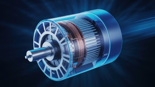 High tech electric motor showing internal copper winding and rotor on blue background with light ray