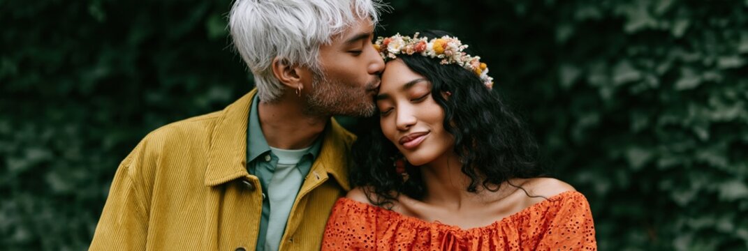 Young couple exchanging gentle kiss in garden with ivy backdrop