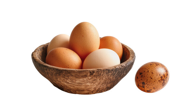 Wooden bowl filled with brown eggs and single speckled quail egg
