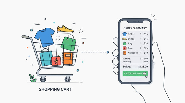 Shopping cart and mobile order summary checkout interface with checkout shopping smartphone purchase ecommerce consumer transaction interface
