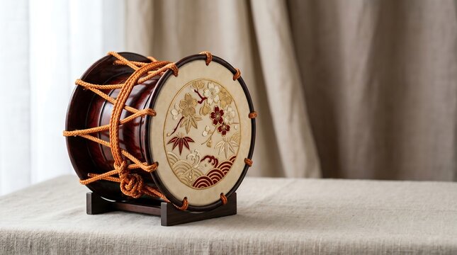 Traditional Japanese Tsuzumi Hand Drum on Minimalist Studio Setting