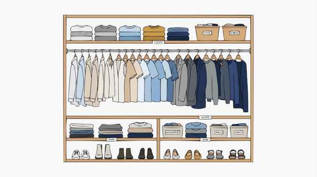 Full closet organizer filled with neatly hung apparel and folded garments wardrobe organized clothing interior lifestyle