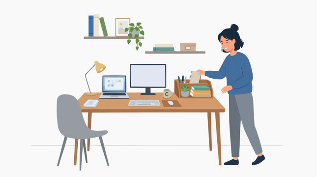 Person working at a desk with a computer and laptop flat vector illustration workspace computer business professional interior productivity