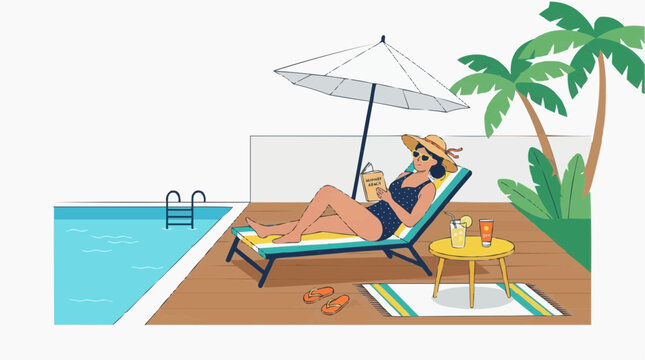 Woman relaxing at swimming poolside illustration with swimming vacation sunbathing relaxing deckchair umbrella lifestyle illustration
