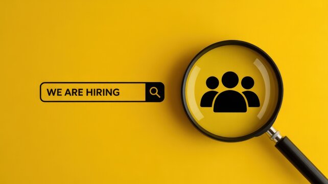 We are hiring concept with magnifying glass and people icons on yellow background