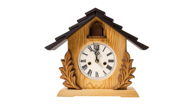 Rustic wooden chalet clock with Roman numerals and decorative leaf accents