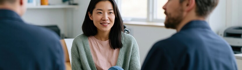 Obraz premium Young woman listening during meeting inside modern office room