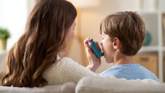 A woman assists a young boy in using an inhaler in a warm and inviting living room. The scene conveys care, support, and a sense of normalcy in managing health.
