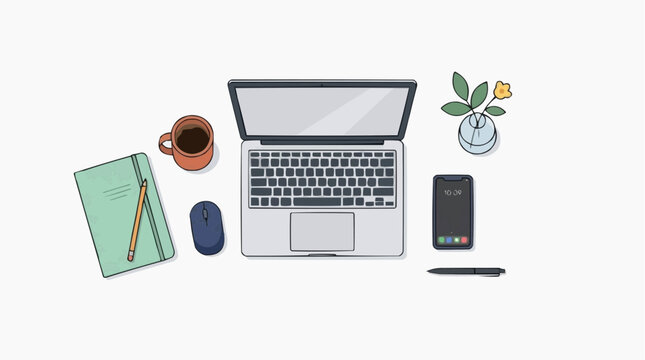 Overhead view of modern home office desk setup with laptop workspace computer notebook technology minimalism stationery business planning