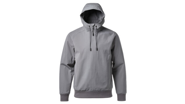 Gray hooded sweatshirt with pockets and drawstring