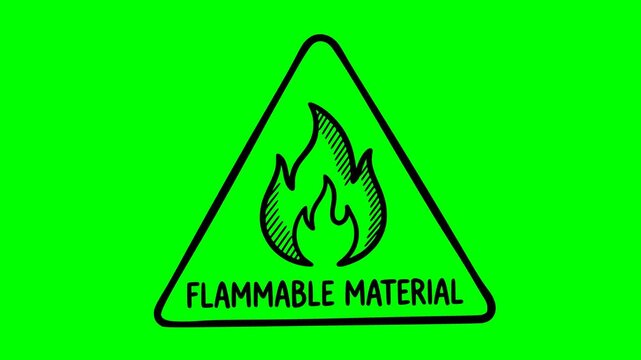 hand drawn animation of a flammable material warning sign with black fill and no white ink on a green screen chroma key background for easy transparency