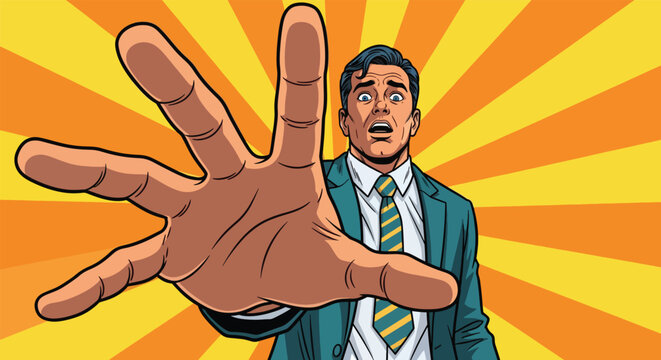 Man Reaching Out Hand Fear Expression Comic Style.
