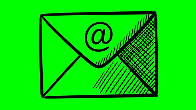 hand drawn email envelope icon with at symbol animation featuring solid black fill and sketch style on green screen chroma key background for easy composting