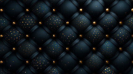 Naklejka premium Luxury Black Tufted Leather Background with Gold Glitter Sparkles. Elegant Quilted Upholstery Texture with Golden Studs