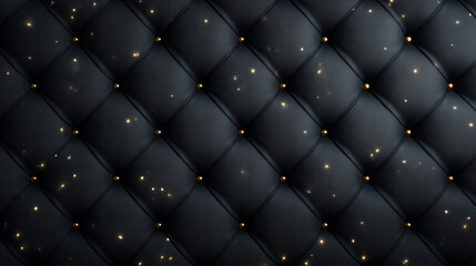 Naklejka premium Luxury Black Tufted Leather Background with Gold Glitter Sparkles. Elegant Quilted Upholstery Texture with Golden Studs
