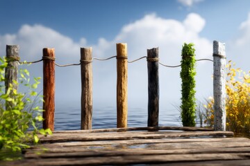 Naklejka premium Rustic Dock Panels on Water with Fishing Setups in a Natural Scenic Environment
