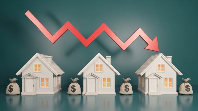 Real estate market crash concept with small white houses money bags and descending red arrow