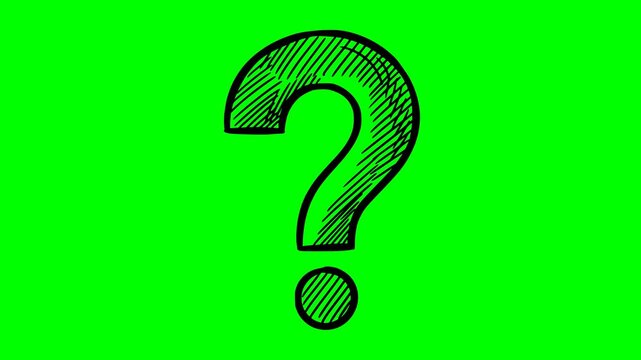 animated hand drawn question mark with solid black fill on a green screen chroma key background for easy integration in video editing projects focusing on questions or doubts