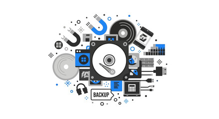 Fototapeta premium Data Backup and Digital Storage Technology Concept Flat Vector Illustration with HDD, Magnets, and Icons