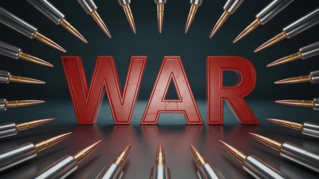 Red "WAR" text surrounded by bullets, concept of conflict and danger