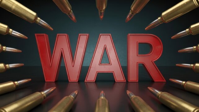 Red "WAR" text surrounded by bullets, concept of conflict and danger