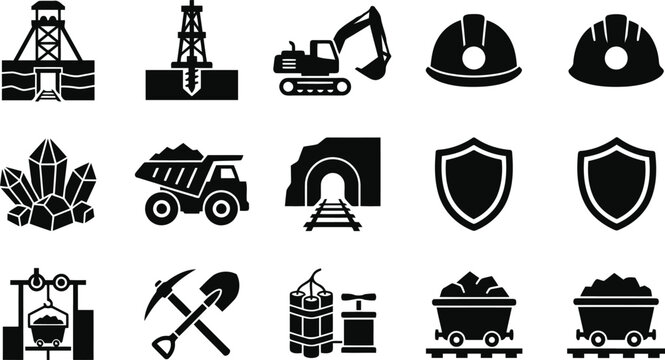 Mining Industry Icons Set: Excavation, Resources, Safety, and Transport Elements