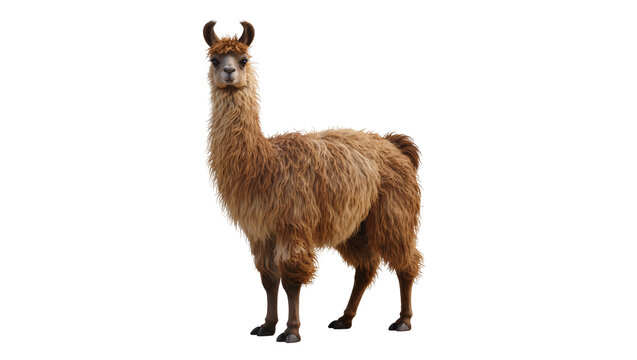 Brown fluffy llama standing full body portrait